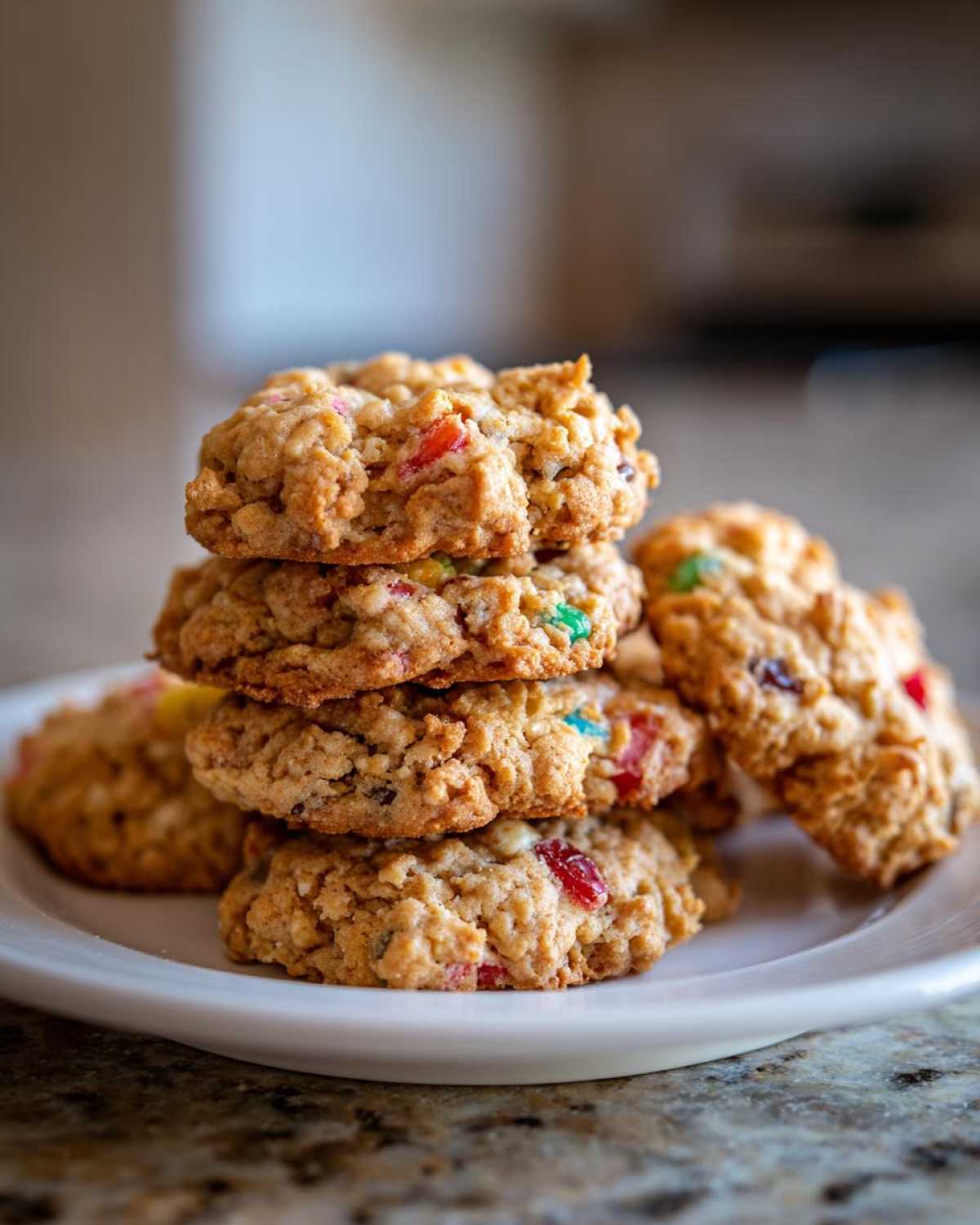 A stack of four chewy fruitcake cookies loaded with colorful candies sits on a white plate.