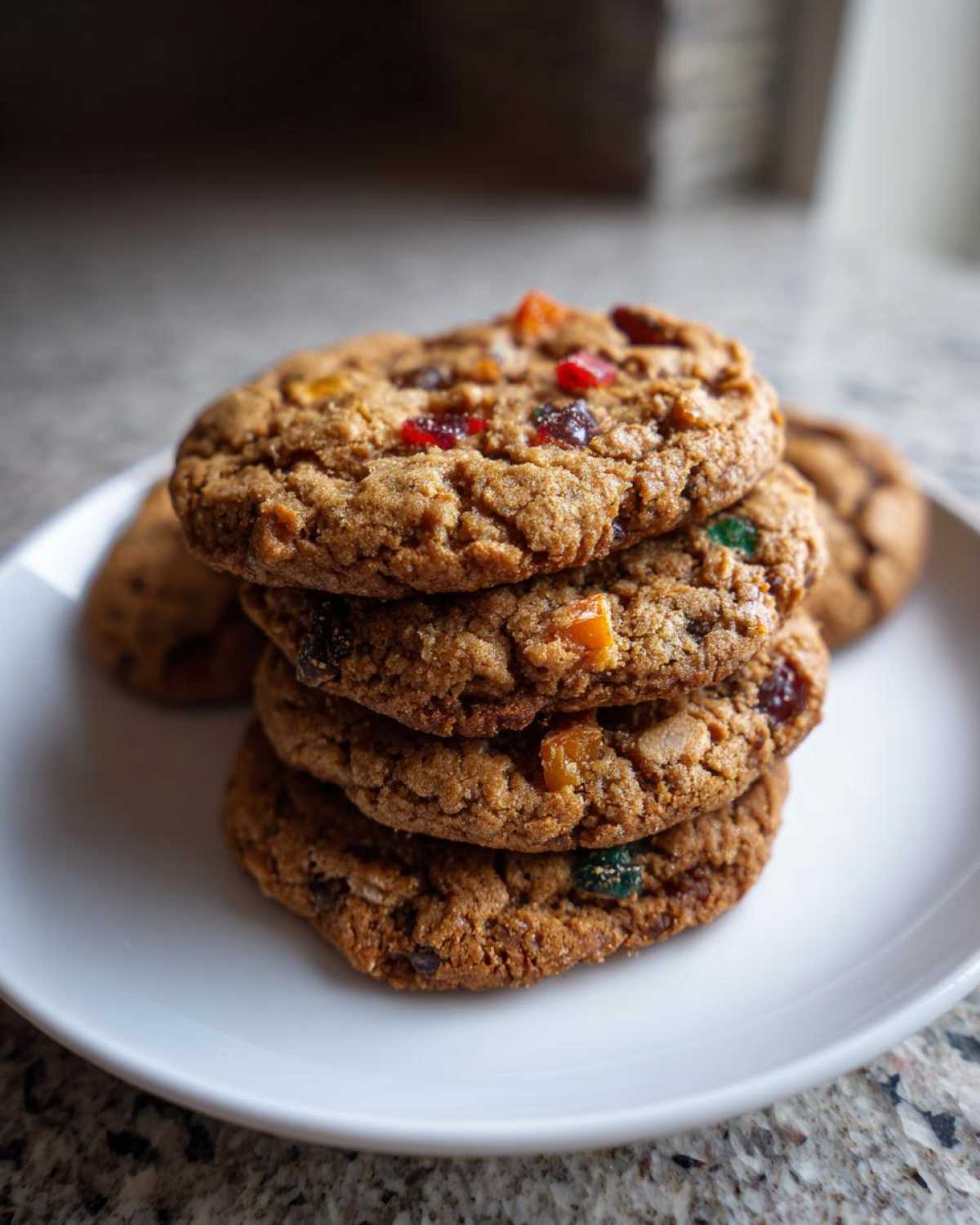 A stack of four chewy fruitcake cookies loaded with colorful candied fruit pieces on a white plate.