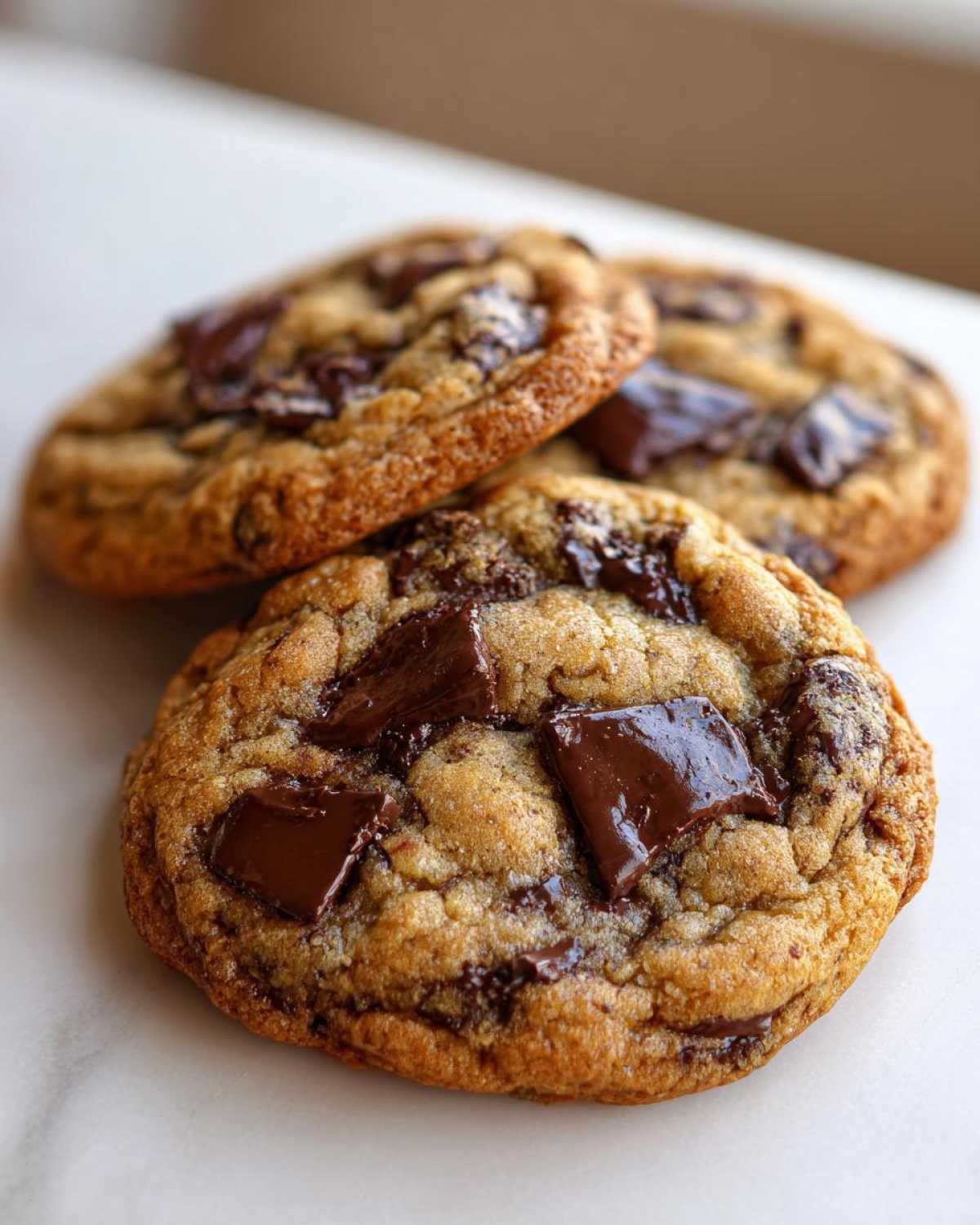 Close-up of three freshly baked, chewy vegan chocolate chip cookies loaded with melted chocolate chunks.