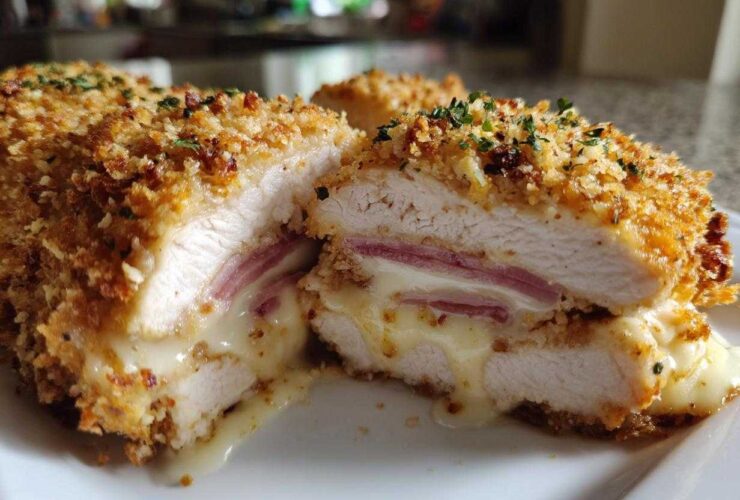 Close-up of a sliced chicken cordon bleu showing crispy breading, ham, and oozing melted Swiss cheese inside the chicken breast.