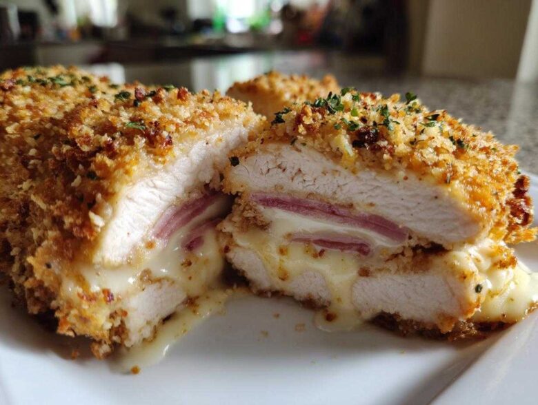 Close-up of a sliced chicken cordon bleu showing crispy breading, ham, and oozing melted Swiss cheese inside the chicken breast.