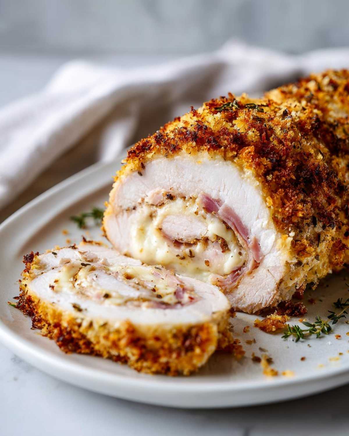 A close-up of a sliced chicken cordon bleu roll showing melted cheese, ham, and a crispy breadcrumb crust.