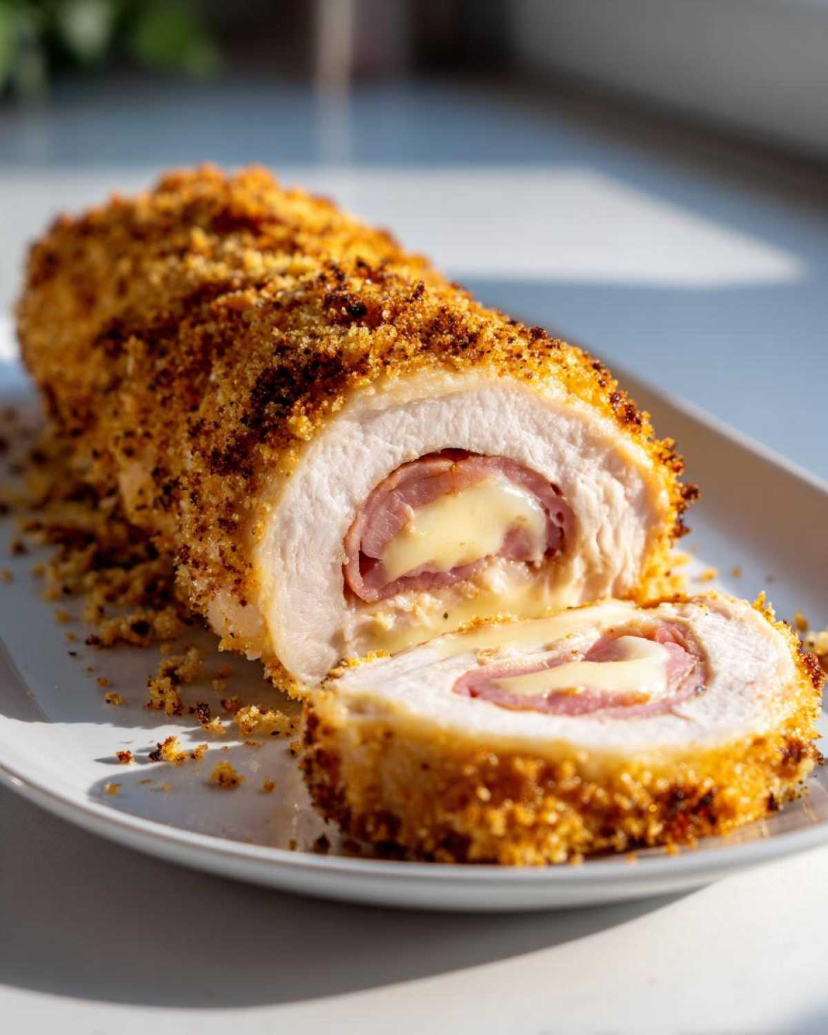 A golden, breaded chicken cordon bleu roll sliced open to show melted cheese and ham inside.
