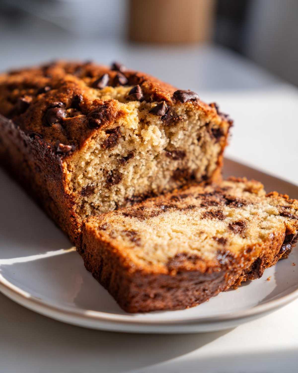 A freshly baked loaf of chocolate chip banana bread recipe, partially sliced on a white plate.