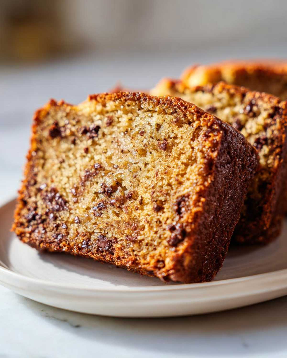 Close-up of moist slices of chocolate chip banana bread recipe on a light plate.