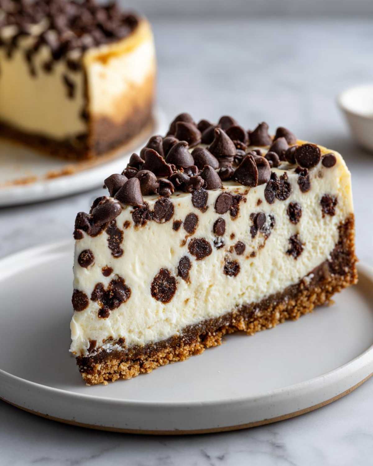 A perfect slice of creamy chocolate chip cheesecake with a graham cracker crust and chocolate chips throughout.