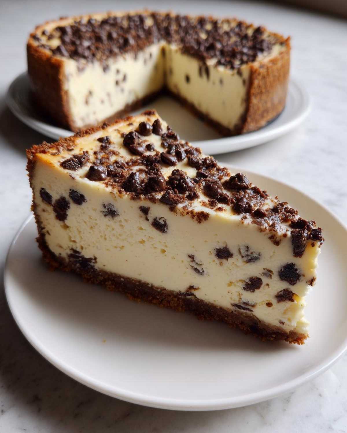 A close-up slice of creamy chocolate chip cheesecake sits on a plate, with the rest of the chocolate chip cheesecake visible in the background.