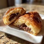 A golden brown chocolate croissant cut in half, revealing gooey melted chocolate filling.