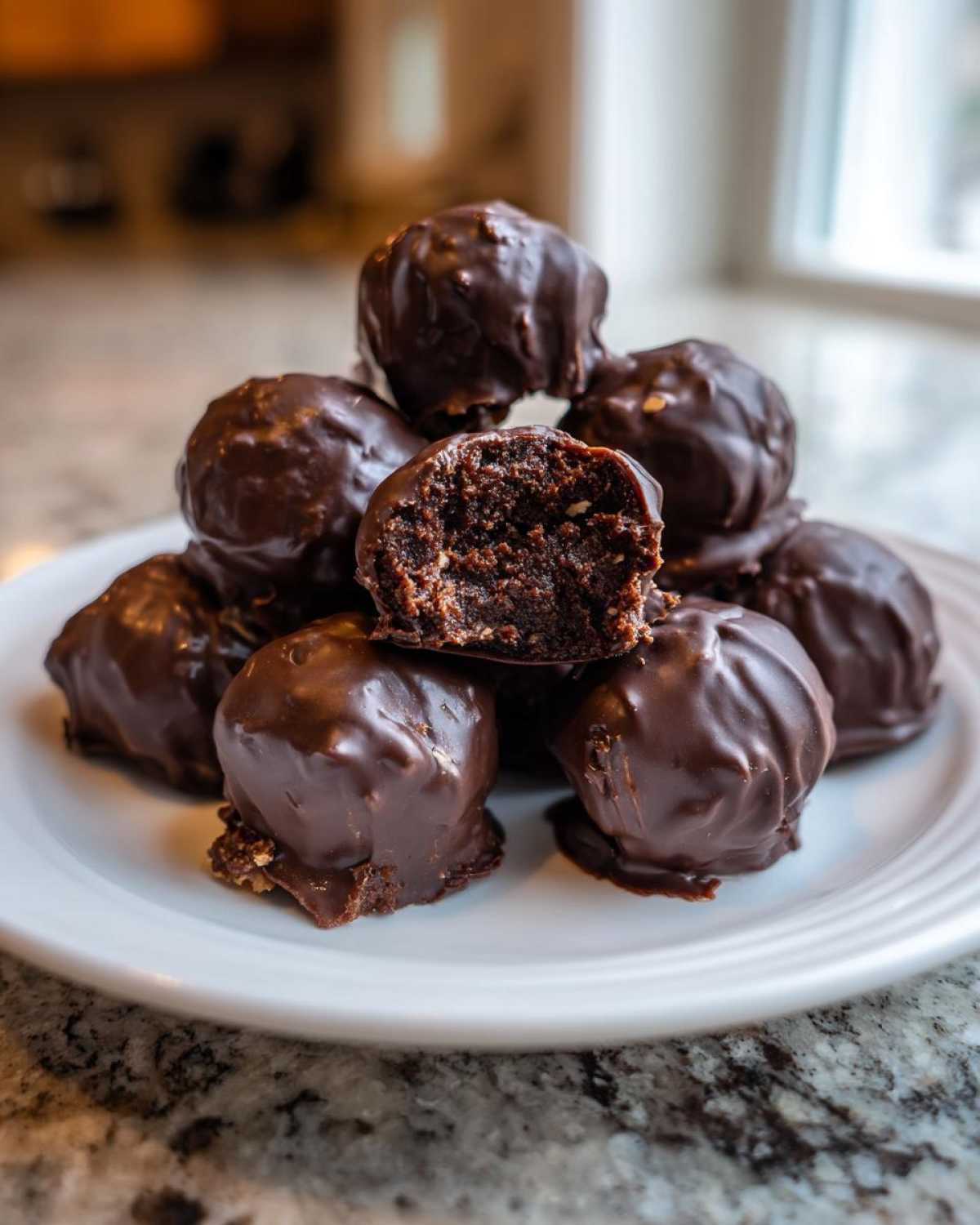 A stack of rich, chocolate-covered pecan pie balls on a white plate, one is bitten open showing the dense interior.