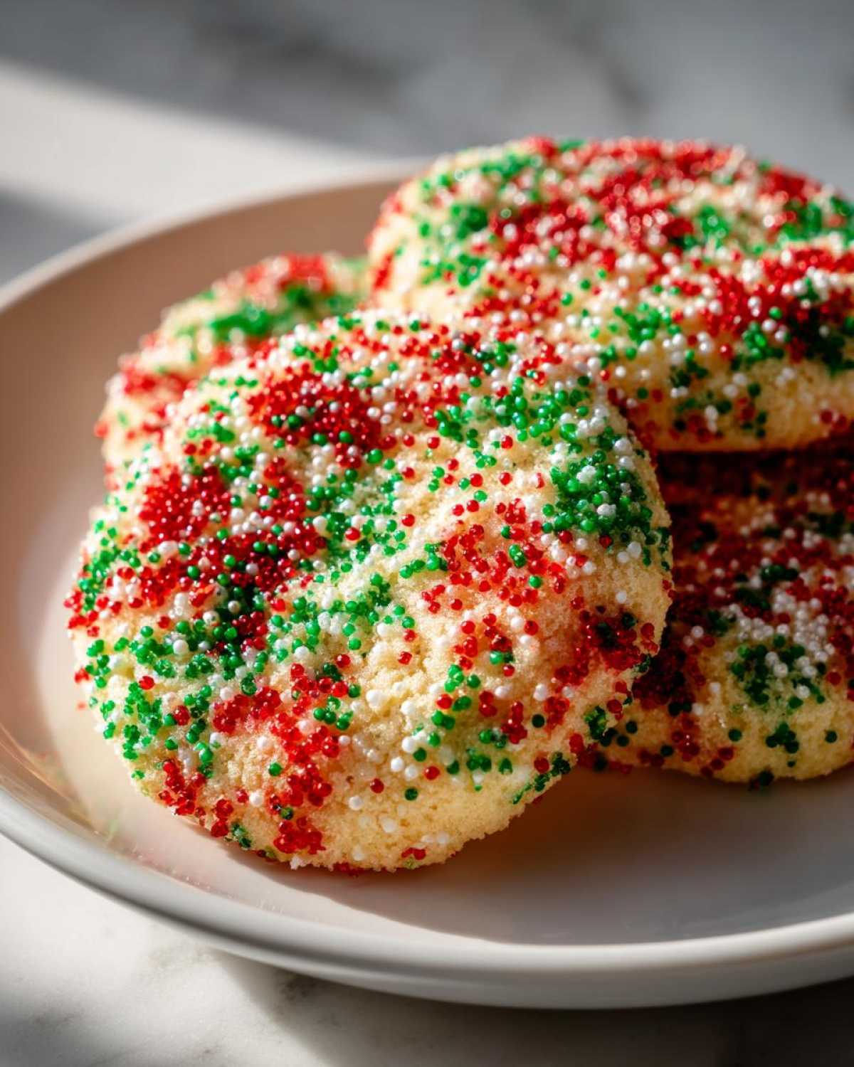 Close-up of several soft christmas sprinkle sugar cookies covered in red, green, and white nonpareils on a white plate.