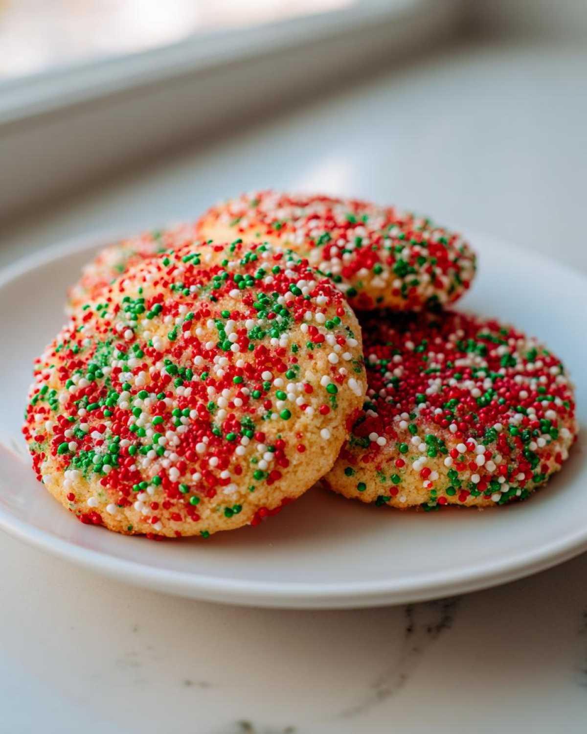 Four round christmas sprinkle sugar cookies covered in red, green, and white nonpareils on a white plate.