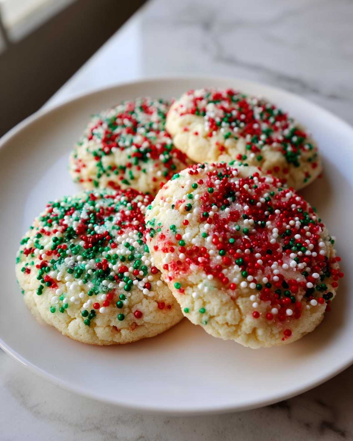 Four soft, round christmas sprinkle sugar cookies topped with red, green, and white nonpareils, served on a white plate.