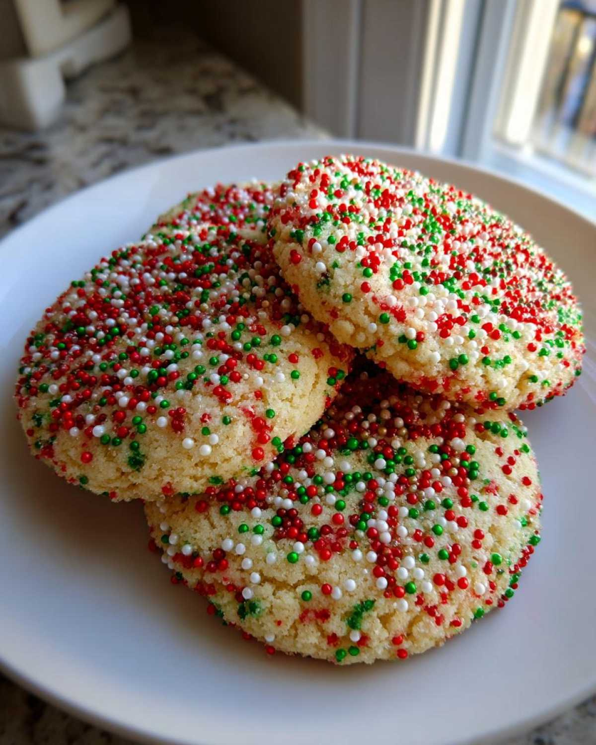 Three round christmas sprinkle sugar cookies generously topped with red, green, and white nonpareils, resting on a white plate.