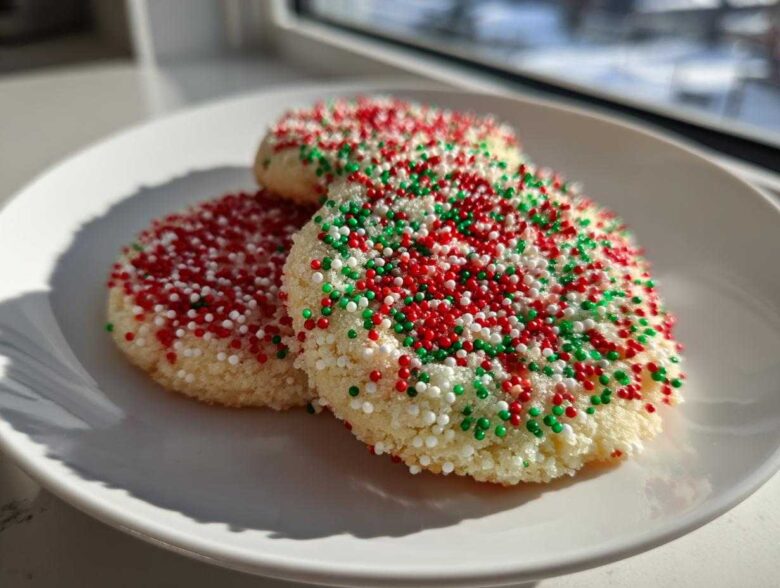 Three round christmas sprinkle sugar cookies covered in red, green, and white nonpareils on a white plate.