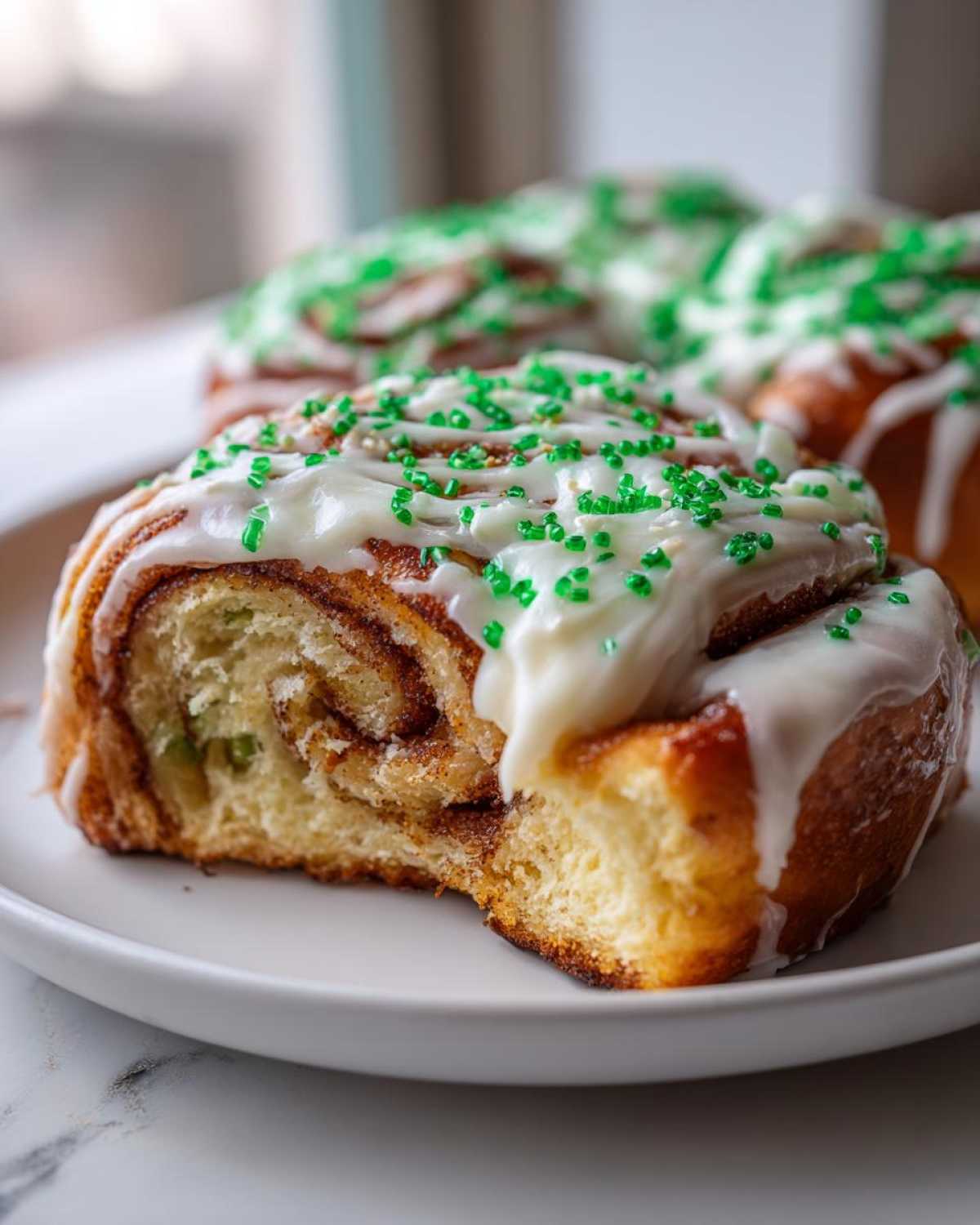 Close-up of a soft, glazed Christmas tree cinnamon roll topped with white icing and green sprinkles.