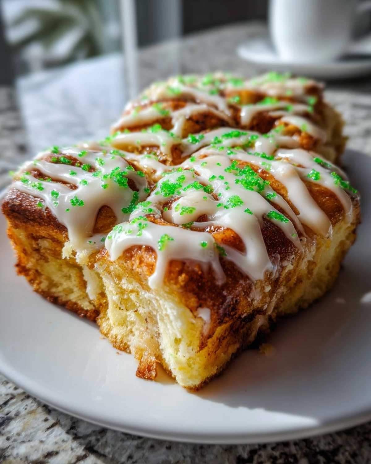 A close-up of freshly baked Christmas tree cinnamon rolls drizzled with white icing and bright green sprinkles.