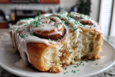 Close-up of freshly baked Christmas tree cinnamon rolls topped with white icing and bright green sprinkles.