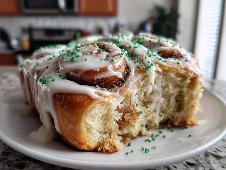 Close-up of freshly baked Christmas tree cinnamon rolls topped with white icing and bright green sprinkles.