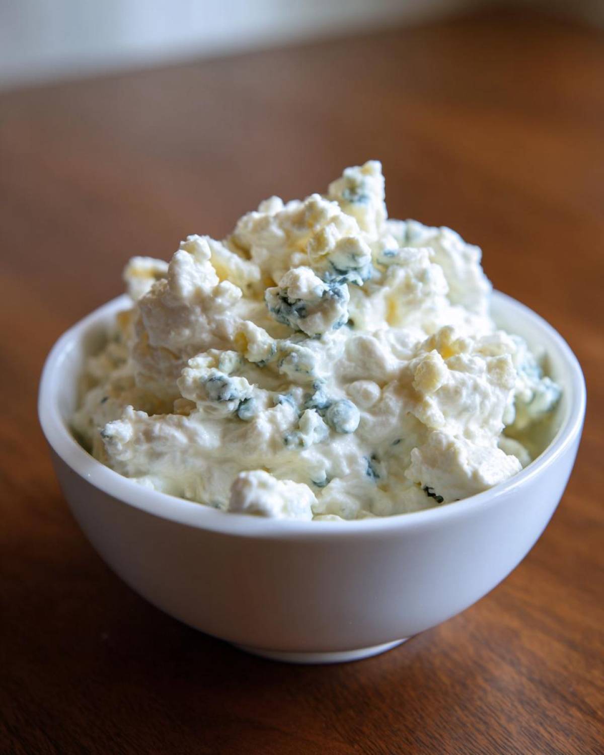 A close-up of chunky, creamy blue cheese dip with visible blue cheese crumbles in a white bowl.