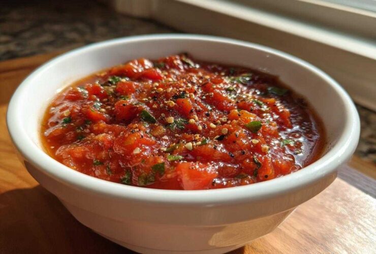 A white bowl filled with chunky, vibrant homemade pizza sauce, seasoned with herbs and pepper flakes.