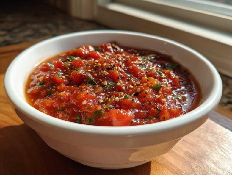 A white bowl filled with chunky, vibrant homemade pizza sauce, seasoned with herbs and pepper flakes.