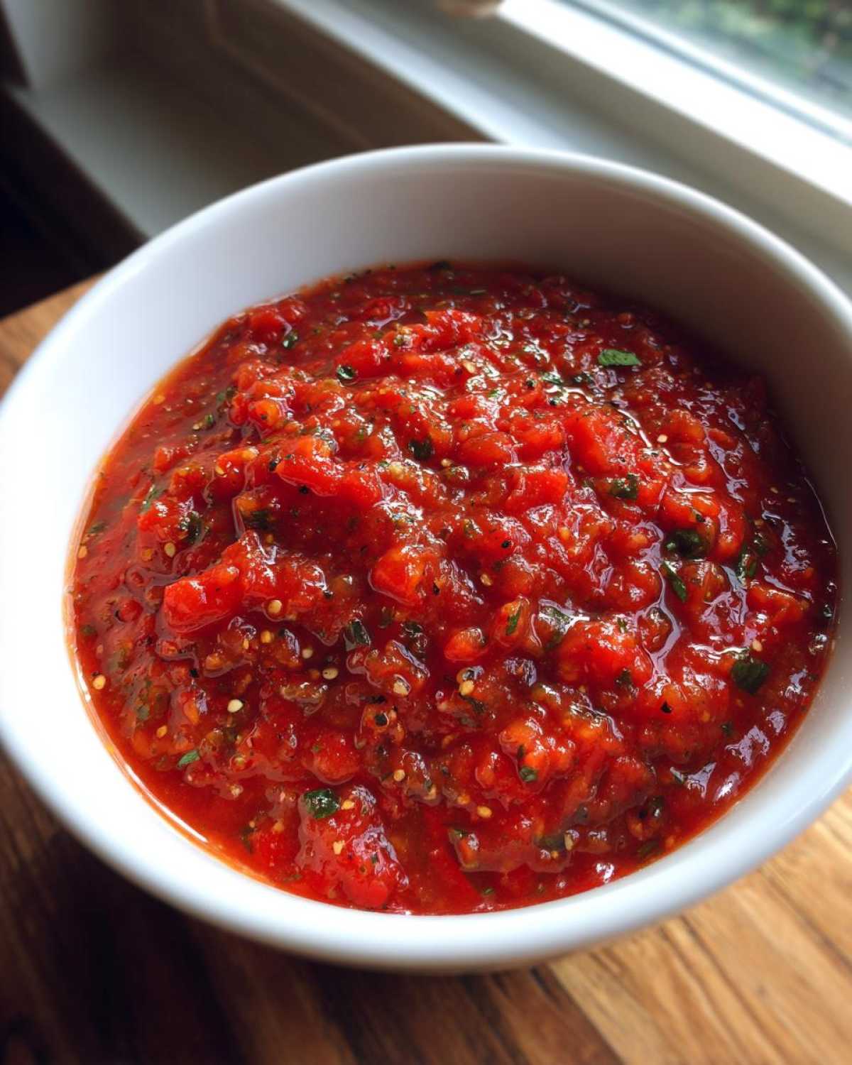Close-up of chunky, vibrant red pizza sauce seasoned with herbs and spices, served in a white bowl.