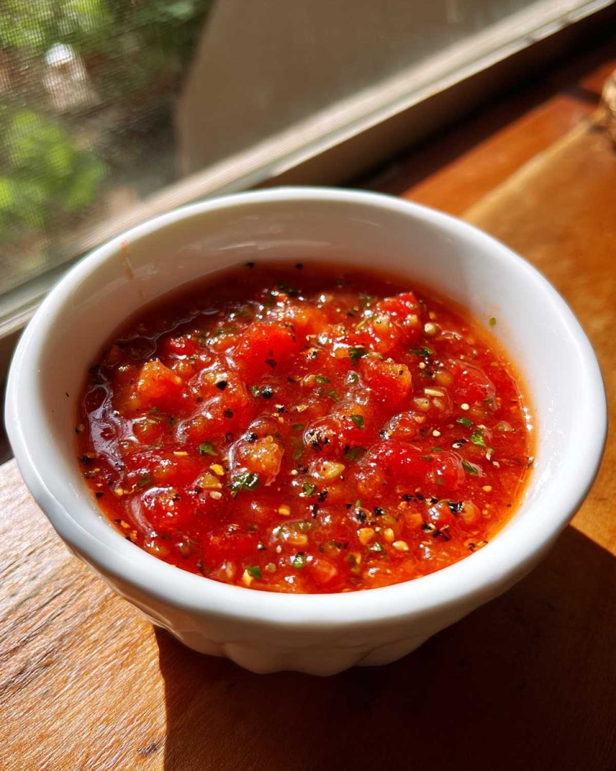 Close-up of chunky, vibrant red pizza sauce seasoned with herbs and pepper in a small white bowl.