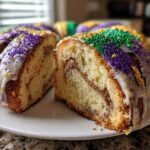 A slice of cinnamon swirl king cake, topped with white icing and purple, green, and gold Mardi Gras sprinkles.