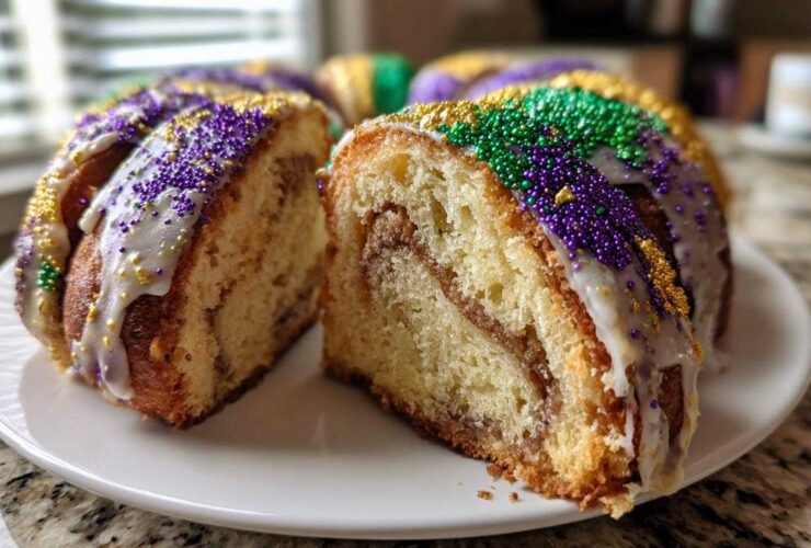 A slice of cinnamon swirl king cake, topped with white icing and purple, green, and gold Mardi Gras sprinkles.