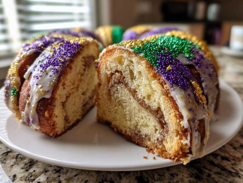 A slice of cinnamon swirl king cake, topped with white icing and purple, green, and gold Mardi Gras sprinkles.