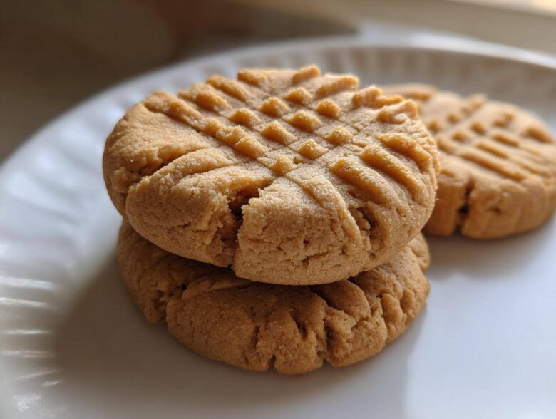 Close-up of three classic peanut butter cookies stacked on a white plate, showing the traditional criss-cross fork marks.