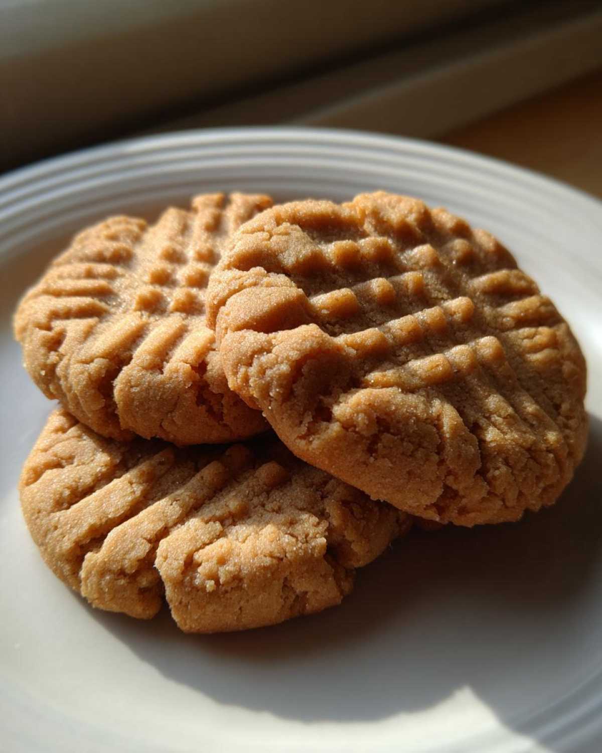 Close-up of three golden brown peanut butter cookies with classic crisscross fork marks on a white plate.