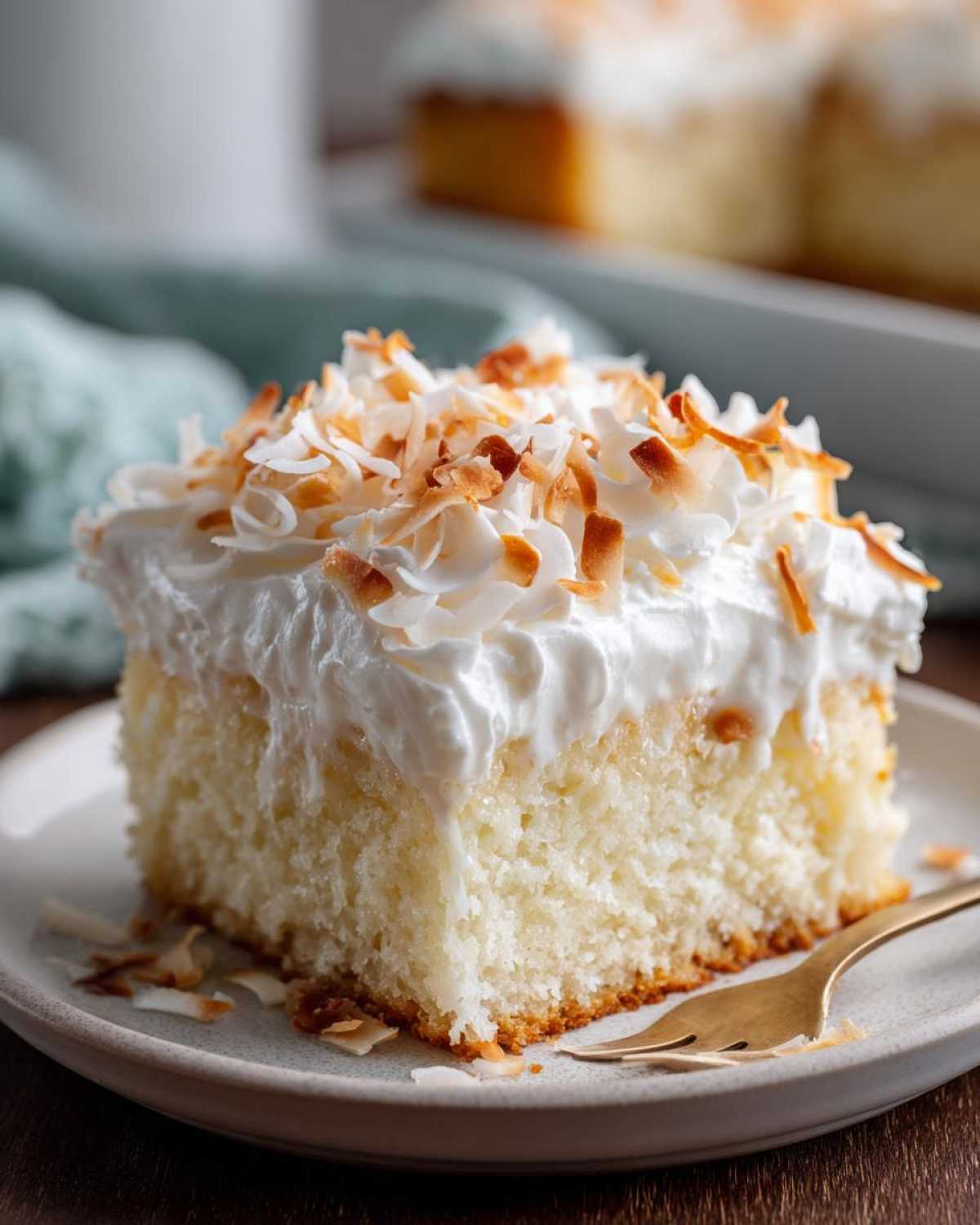 A close-up of a moist slice of coconut poke cake topped with whipped cream and toasted coconut flakes.