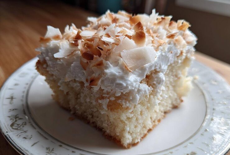A moist slice of coconut poke cake topped with whipped cream and toasted coconut flakes on a decorative plate.