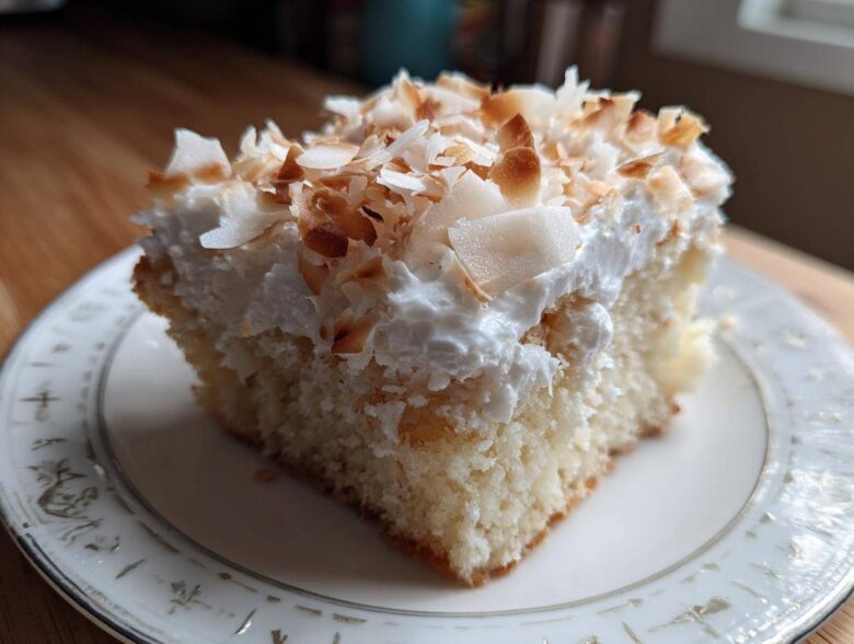 A moist slice of coconut poke cake topped with whipped cream and toasted coconut flakes on a decorative plate.