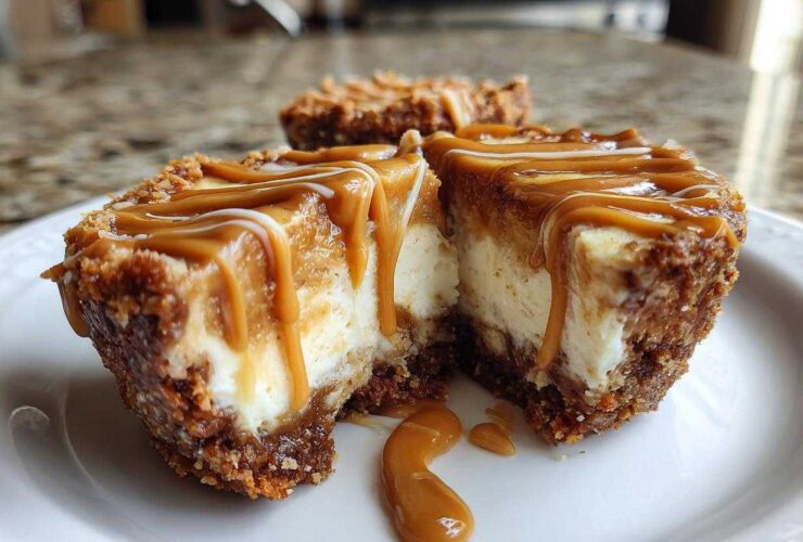 A close-up of a cookie butter cheesecake cup cut in half, showing creamy filling and a thick cookie crust, drizzled heavily with caramel sauce.