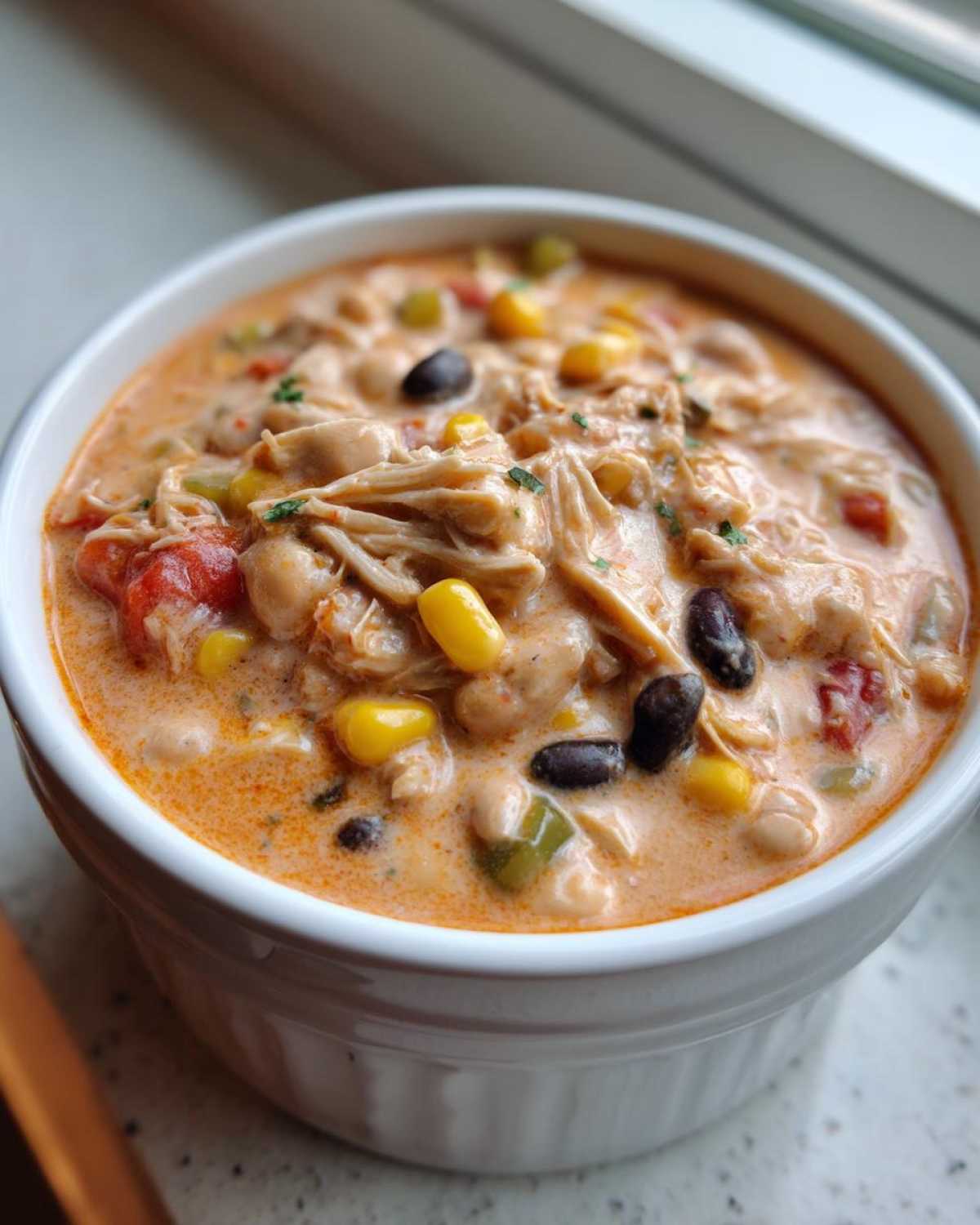 Close-up of a white bowl filled with rich, creamy cream cheese chicken chili featuring shredded chicken, corn, and black beans.