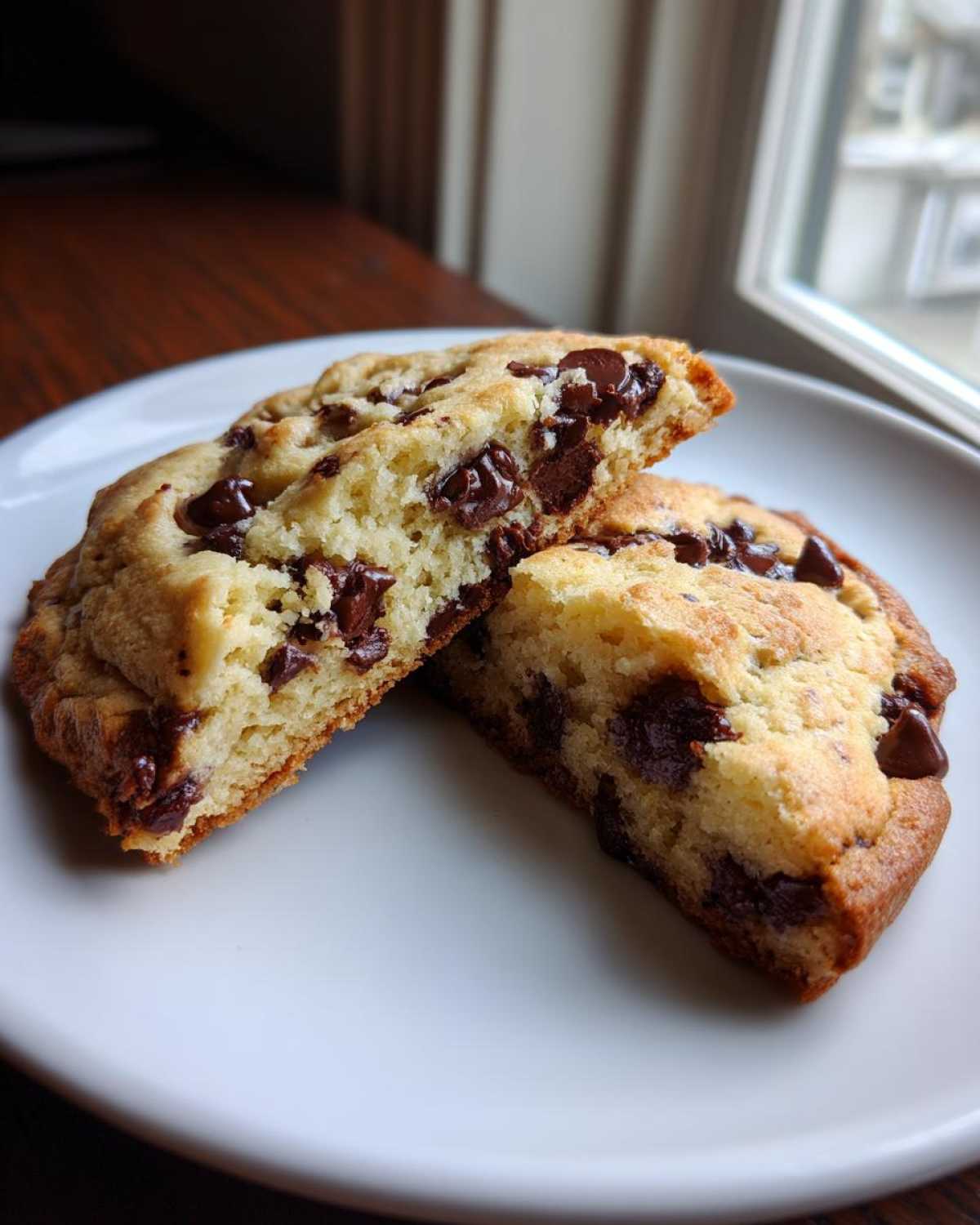 Close-up of a cream cheese chocolate chip cookie cut in half, showing a soft, cakey interior loaded with melted chocolate chips.
