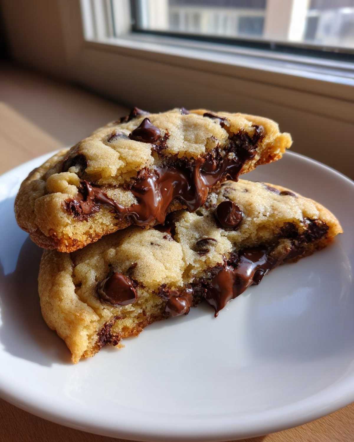 Close-up of a cream cheese chocolate chip cookie broken in half, showing gooey, melted chocolate chips.