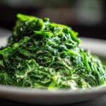 A mound of vibrant green, rich creamed spinach recipe served on a white plate, showing the creamy sauce coating the leaves.