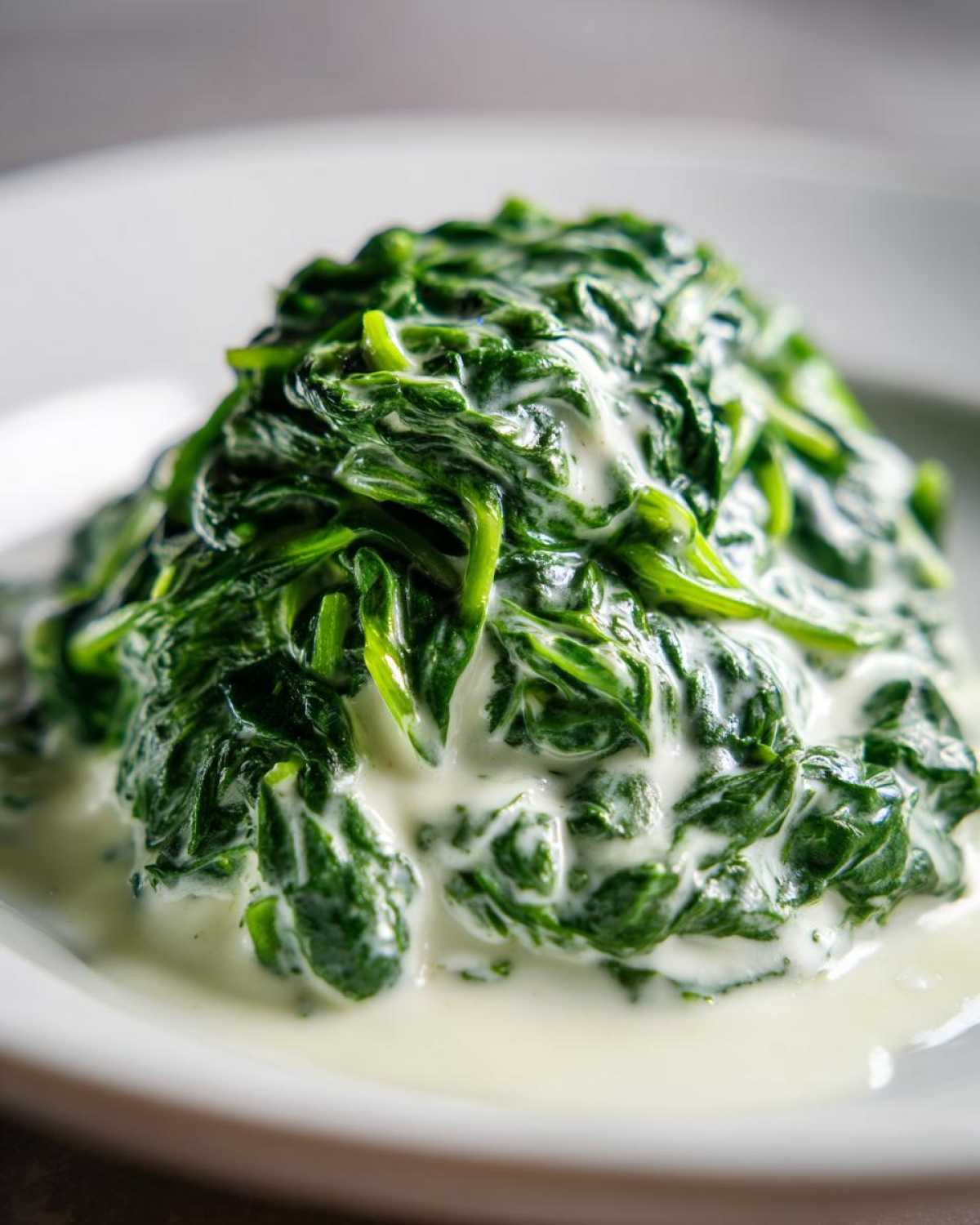 Close-up of vibrant green spinach coated in a rich white sauce, illustrating the creamed spinach recipe.