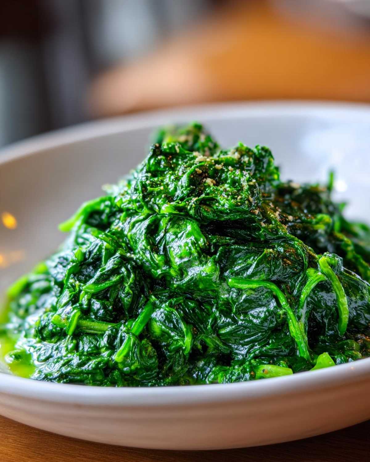 A close-up of vibrant, glossy green creamed spinach piled high in a white bowl, lightly seasoned.