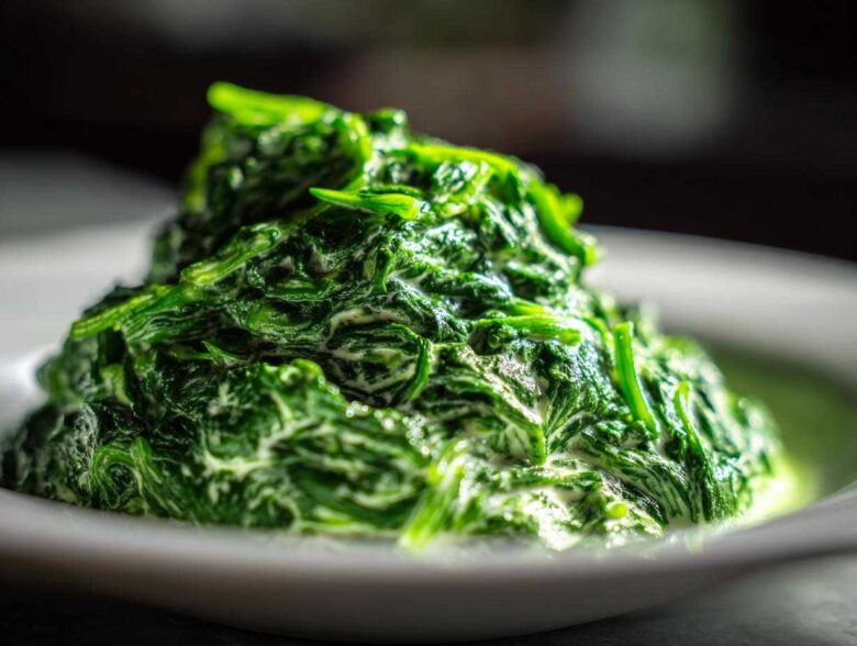 A mound of vibrant green, rich creamed spinach recipe served on a white plate, showing the creamy sauce coating the leaves.