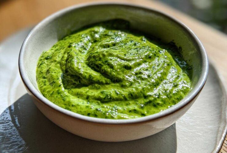 Close-up of a small bowl filled with vibrant, creamy avocado sauce, showing swirls on the surface.