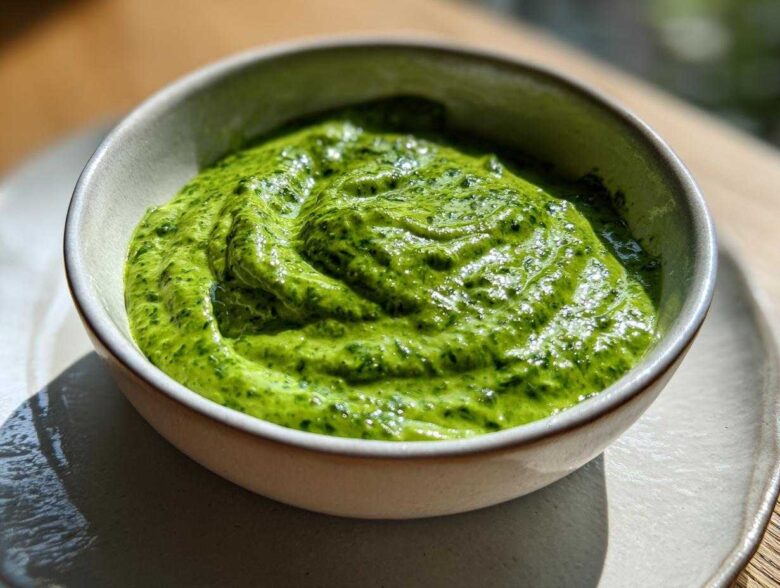 Close-up of a small bowl filled with vibrant, creamy avocado sauce, showing swirls on the surface.