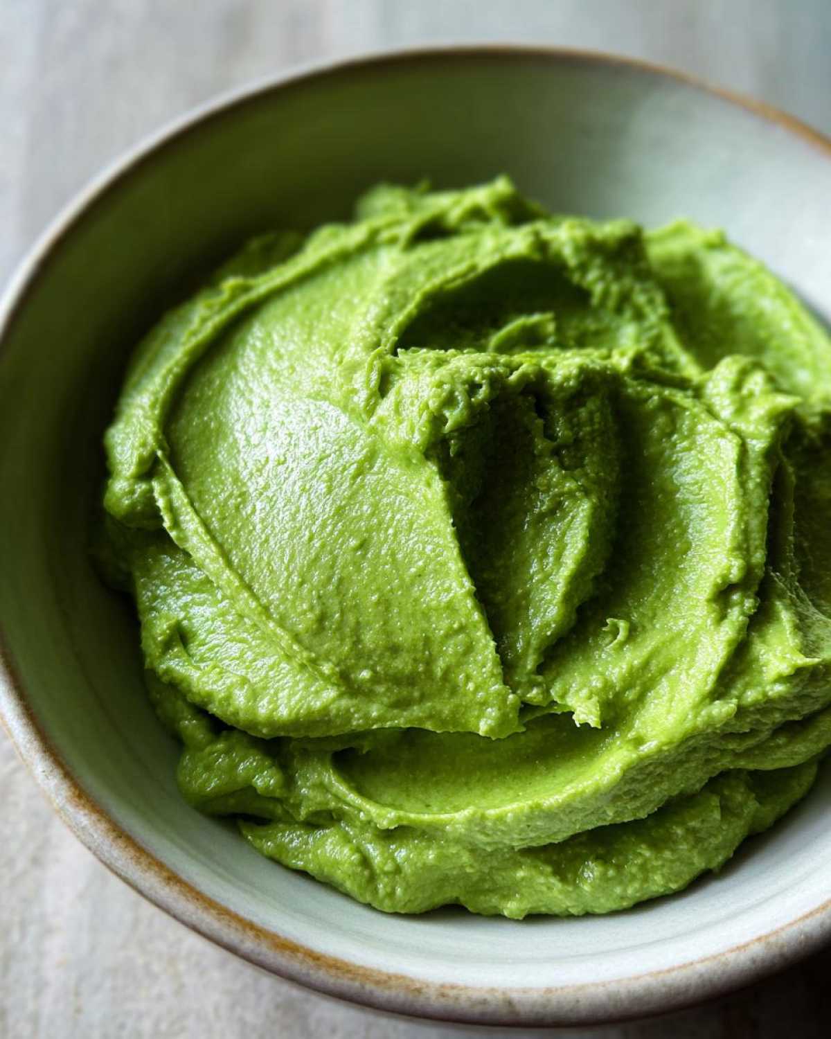 A close-up shot showing the rich, vibrant green texture of the creamy avocado sauce swirled in a small ceramic bowl.