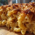Close-up of a rich, creamy baked mac and cheese slice showing elbow macaroni covered in cheese sauce and a golden-brown, crunchy topping.
