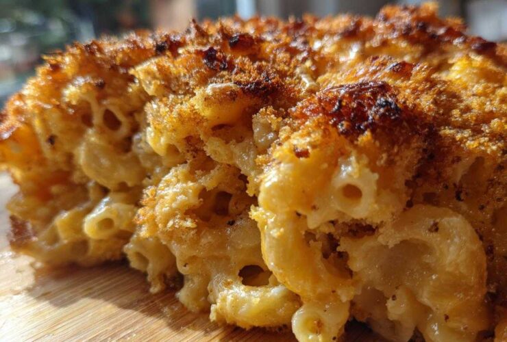 Close-up of a rich, creamy baked mac and cheese slice showing elbow macaroni covered in cheese sauce and a golden-brown, crunchy topping.