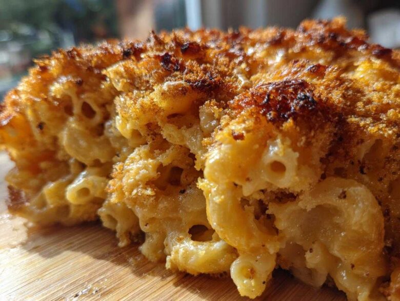 Close-up of a rich, creamy baked mac and cheese slice showing elbow macaroni covered in cheese sauce and a golden-brown, crunchy topping.