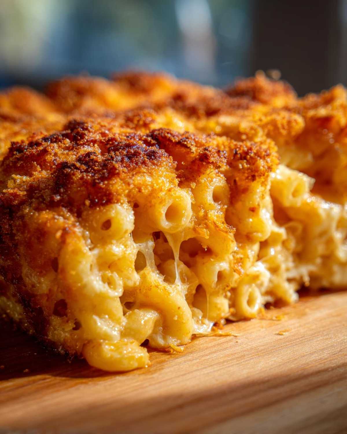 A close-up, cross-section view of baked mac and cheese showing creamy interior and crispy brown topping.